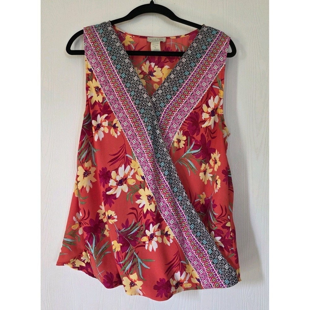 Status by Chenault Womens Red Floral Surplice V-Neck Sleeveless Blouse Size L